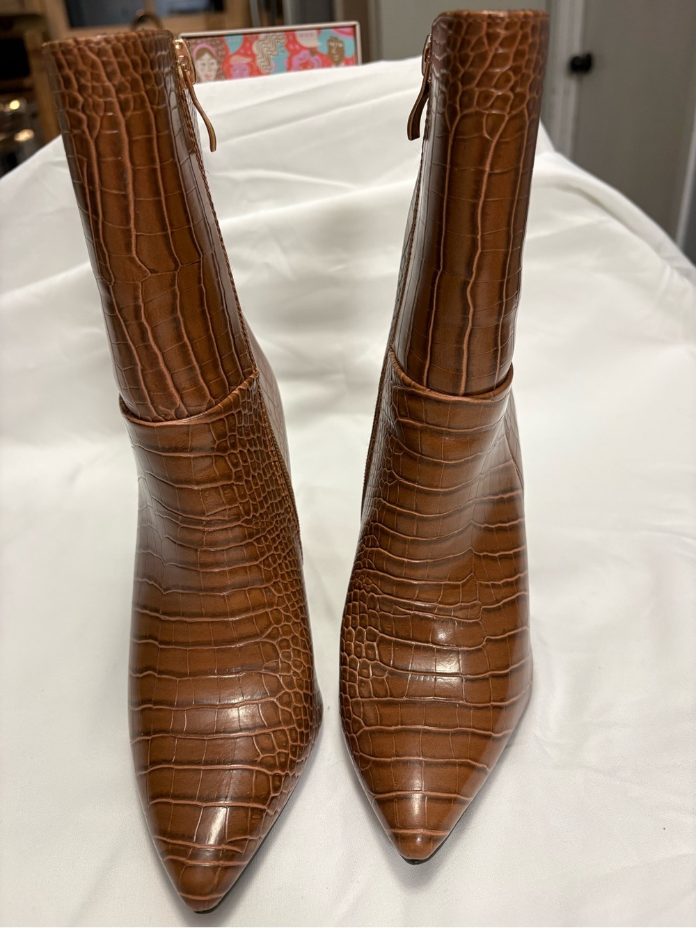 Lulu's Cognac Croc-Embossed Pointed Ankle Boots